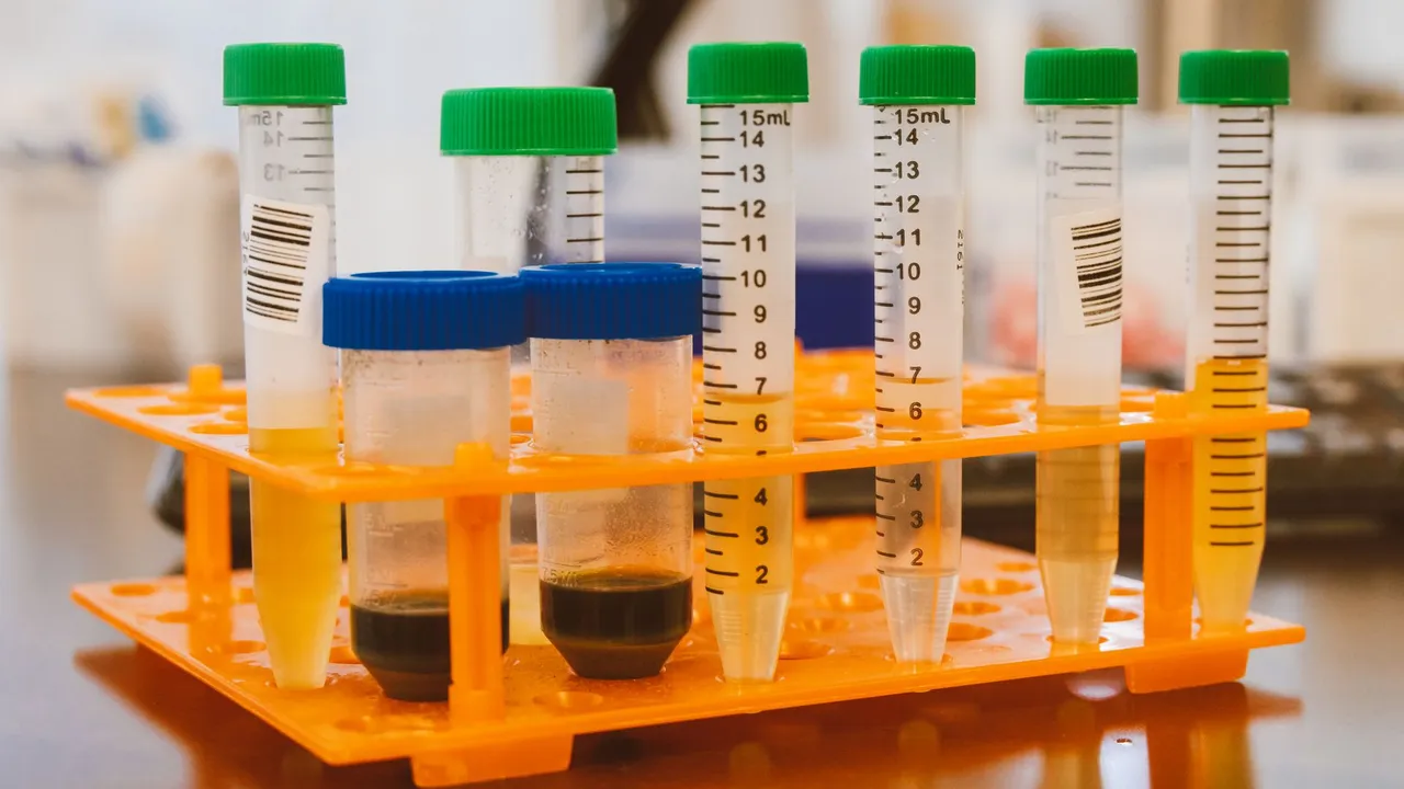 Close-up of colorful test tubes in a laboratory setting, representing scientific experimentation.