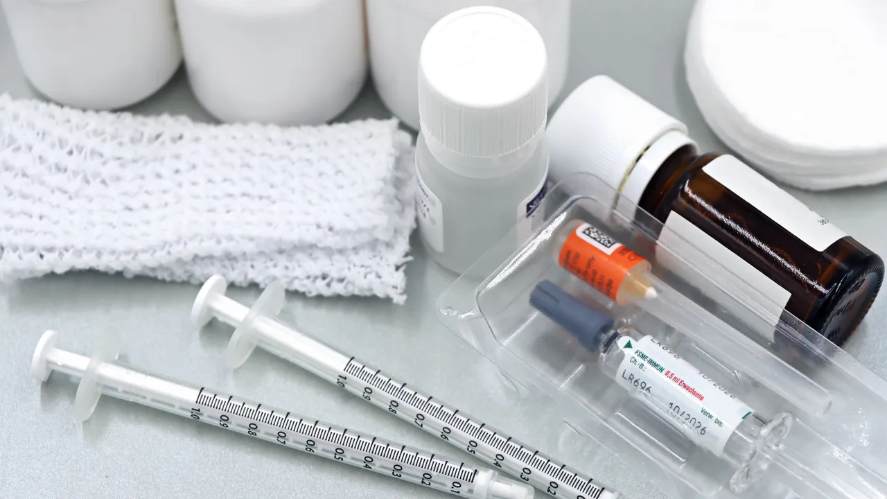 Flat lay of medical tools and vaccines, including syringes and bottles, on a white surface.