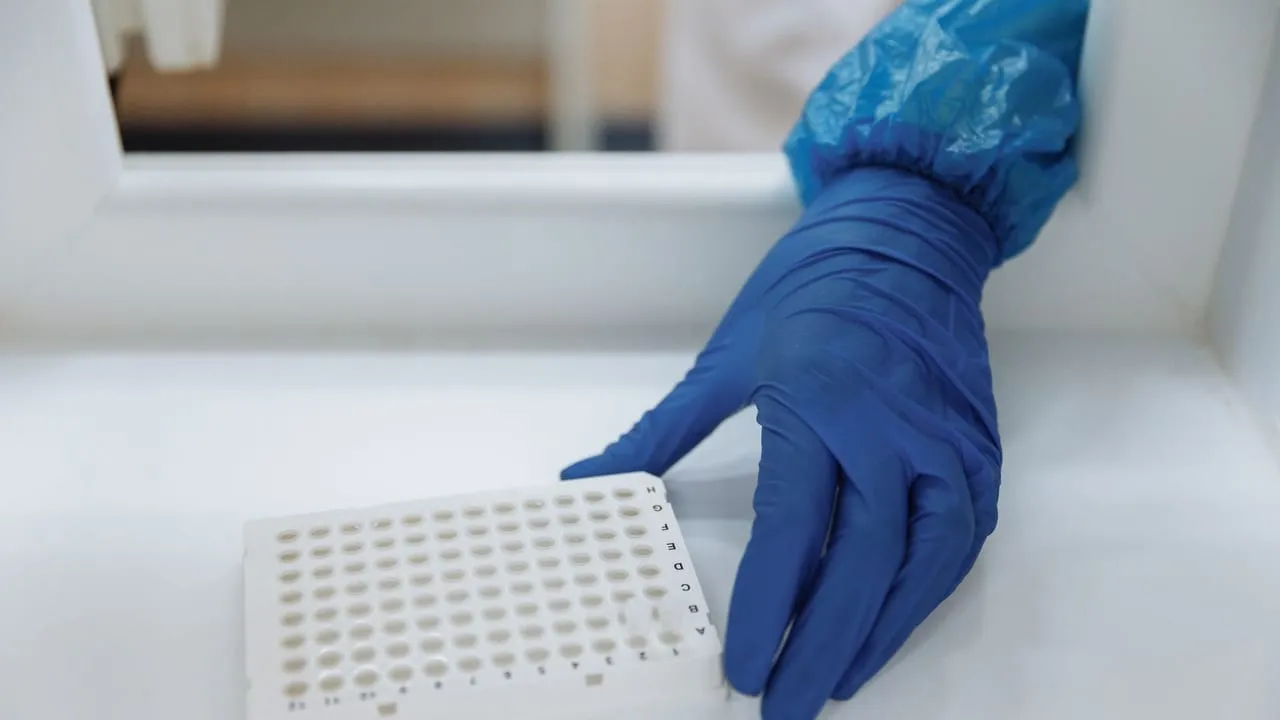 Scientist with protective gloves handling test samples in a sterile laboratory environment.