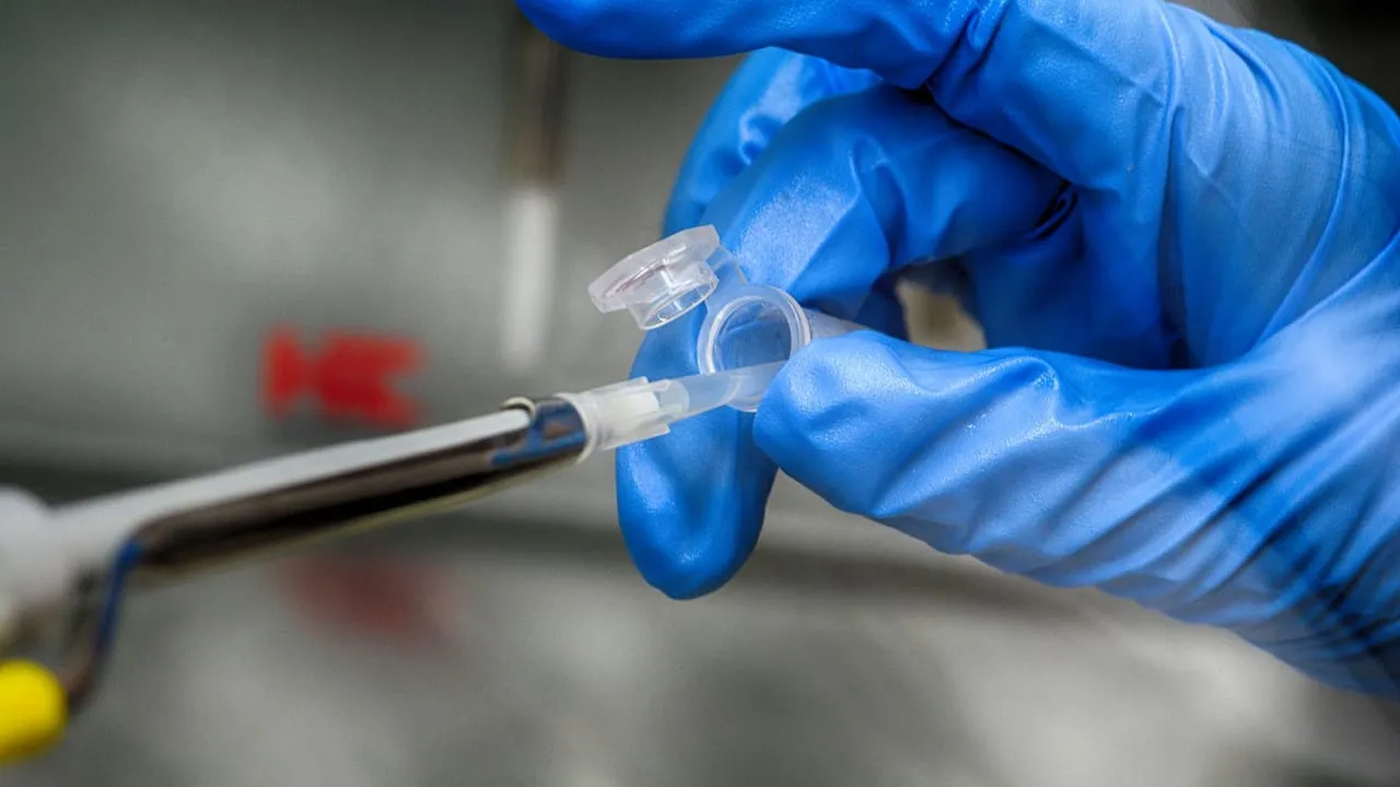 Crop unrecognizable scientist in blue latex gloves taking sample from plastic tube in modern laboratory