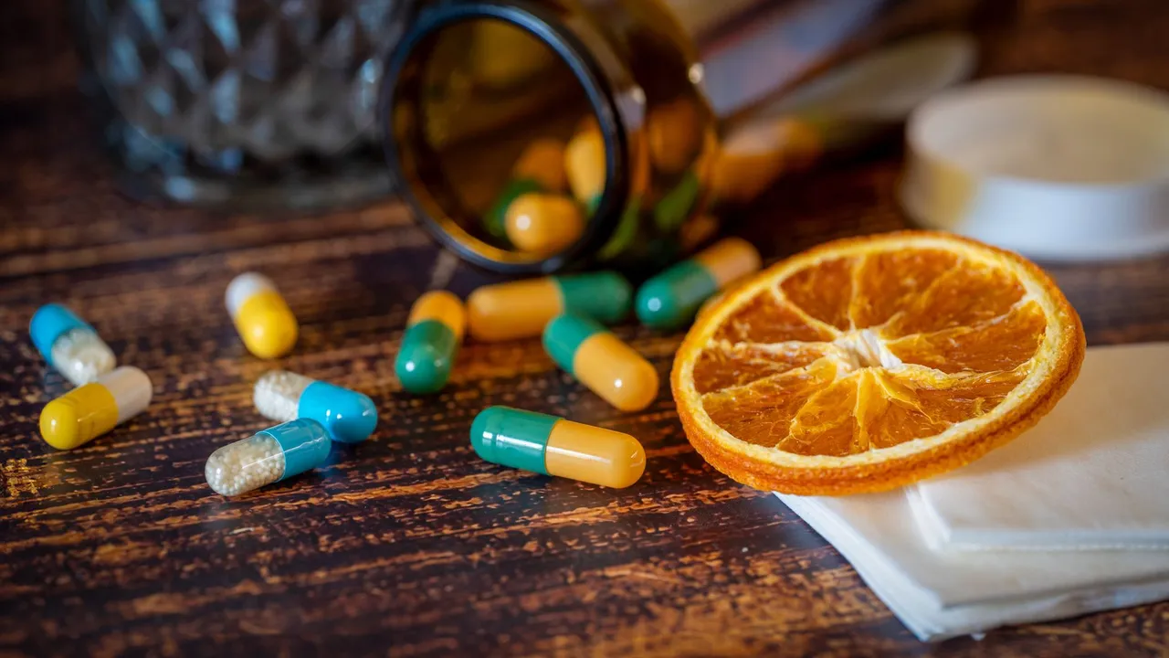Close-up of vitamins, pills, and dried orange slice for cold relief.
