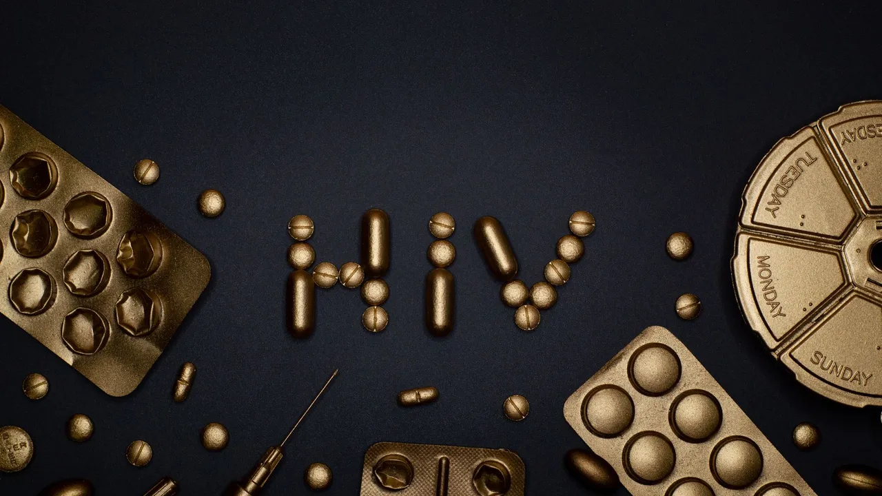 Artistic depiction of HIV with golden pills and syringes on dark background.