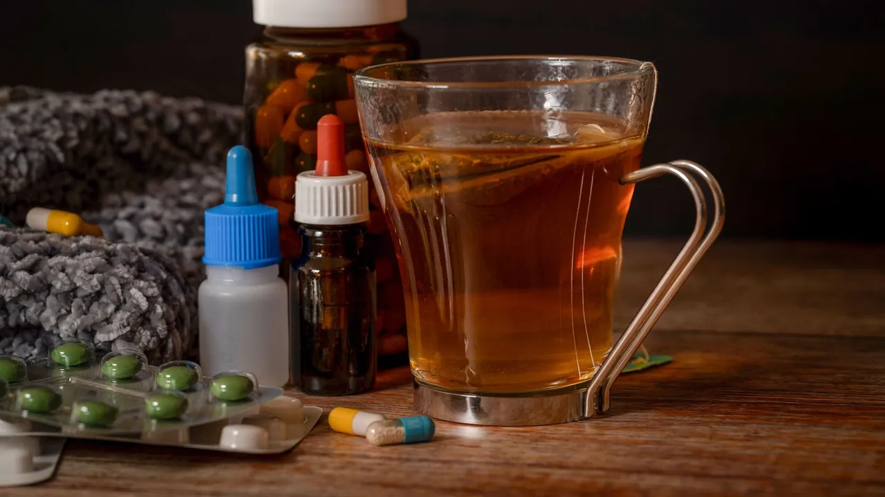 A cup of herbal tea with medications suggests natural cold remedies for healing.