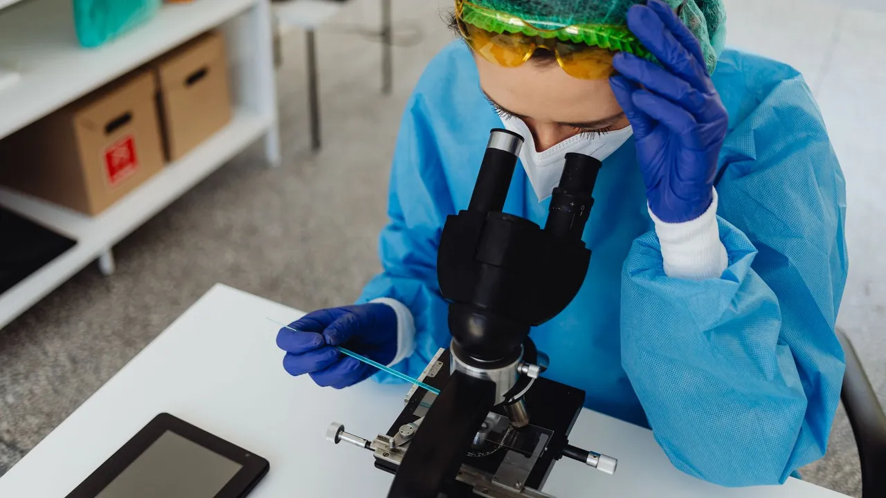 A scientist in protective gear using a microscope for research in a lab setting.