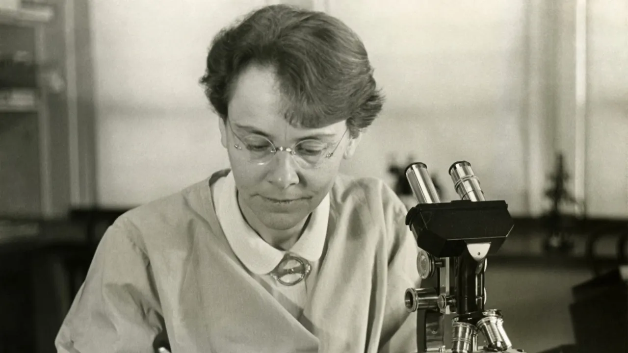 Barbara McClintock (1902-1992), Department of Genetics, Carnegie Institution at Cold Spring Harbor, New York, shown in her laboratory. This photograph was distr