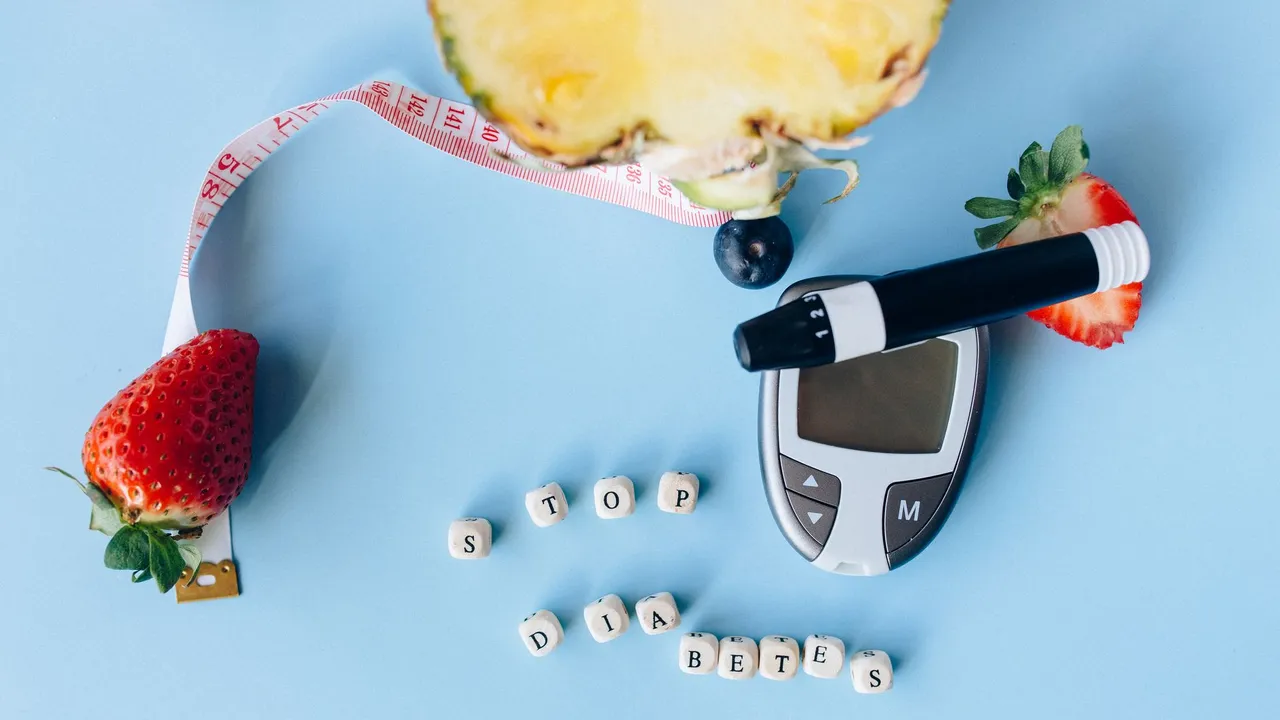 Conceptual flat lay with fruits, glucose meter, and message for diabetes prevention.