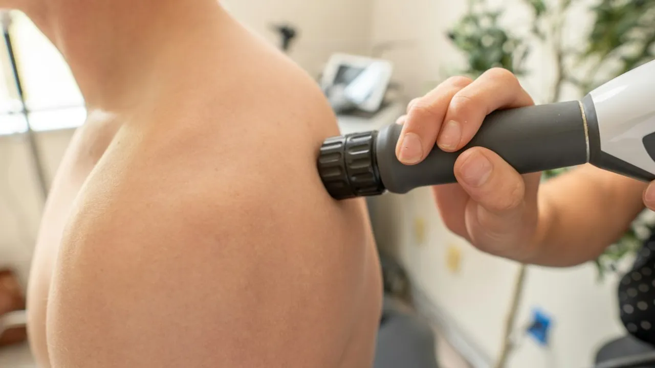 Patient receiving Shockwave Therapy in the shoulder area
