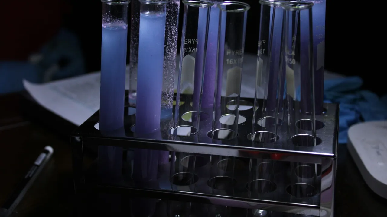 A vivid array of purple solutions in test tubes during a chemical experiment.
