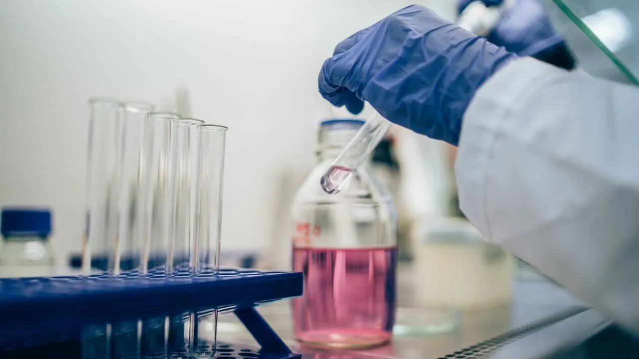 Scientist in laboratory handling test tube with pink liquid for scientific research.