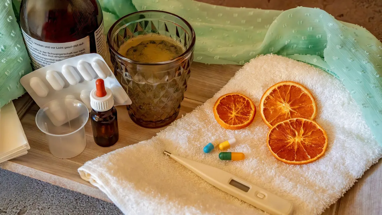 A collection of natural and medicinal cold remedies including tablets, a thermometer, and herbal drinks.