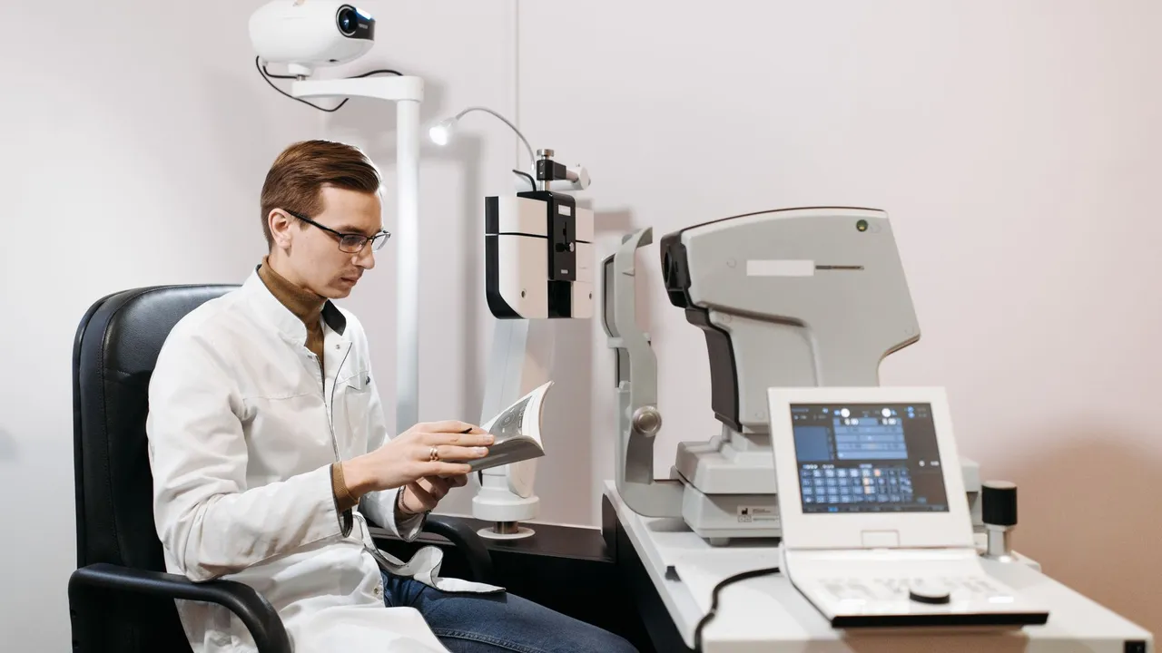 Eye care professional in clinic using ophthalmology equipment, wearing glasses and a lab coat.