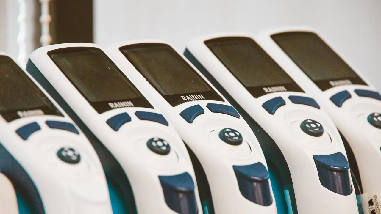 Close-up of medical devices lined in a row, showcasing technology and design.
