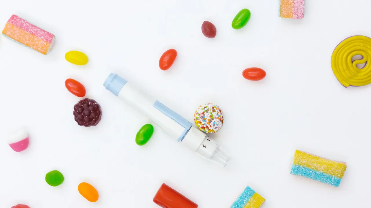 Vibrant assortment of candies surrounding an insulin pen on a white background.