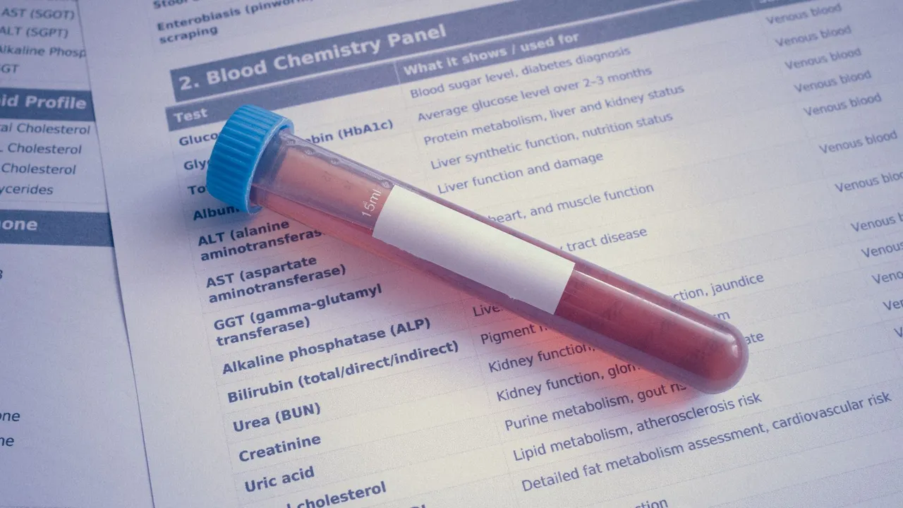 A blood sample tube placed on a chemistry panel document, showcasing medical testing.
