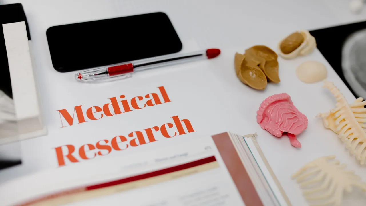 Flat lay of medical research tools and anatomical models on a desk.