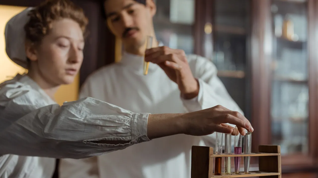 Researchers in a lab examining test tubes with colored liquids for experiments.