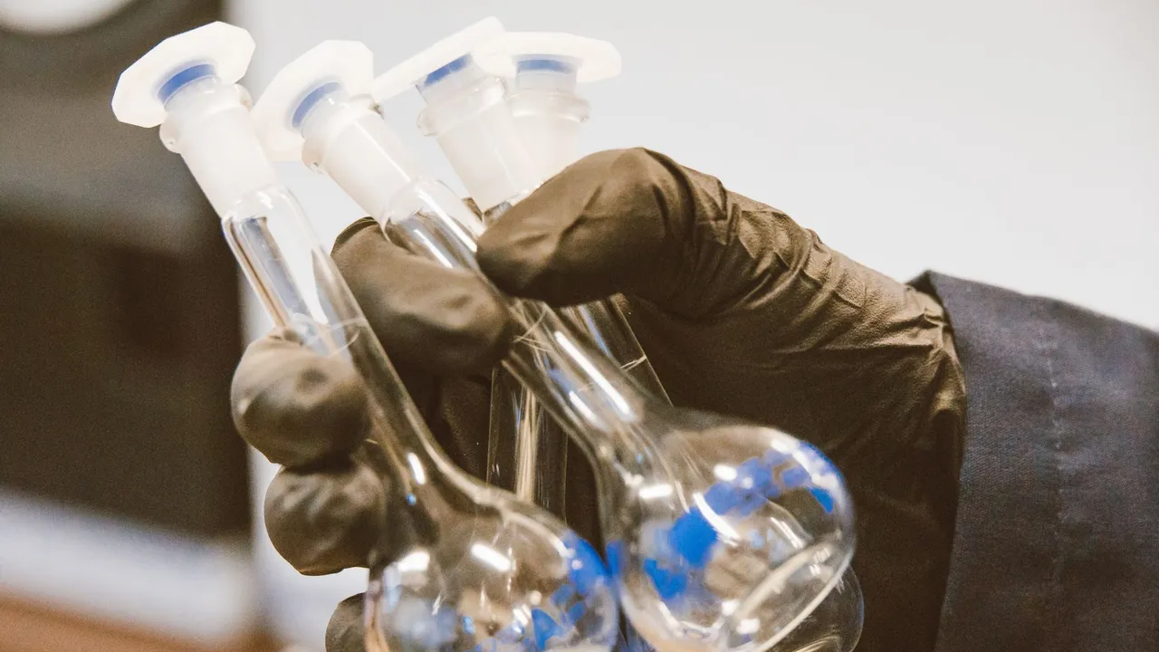 Gloved hand holding three empty laboratory flasks in a scientific setting.