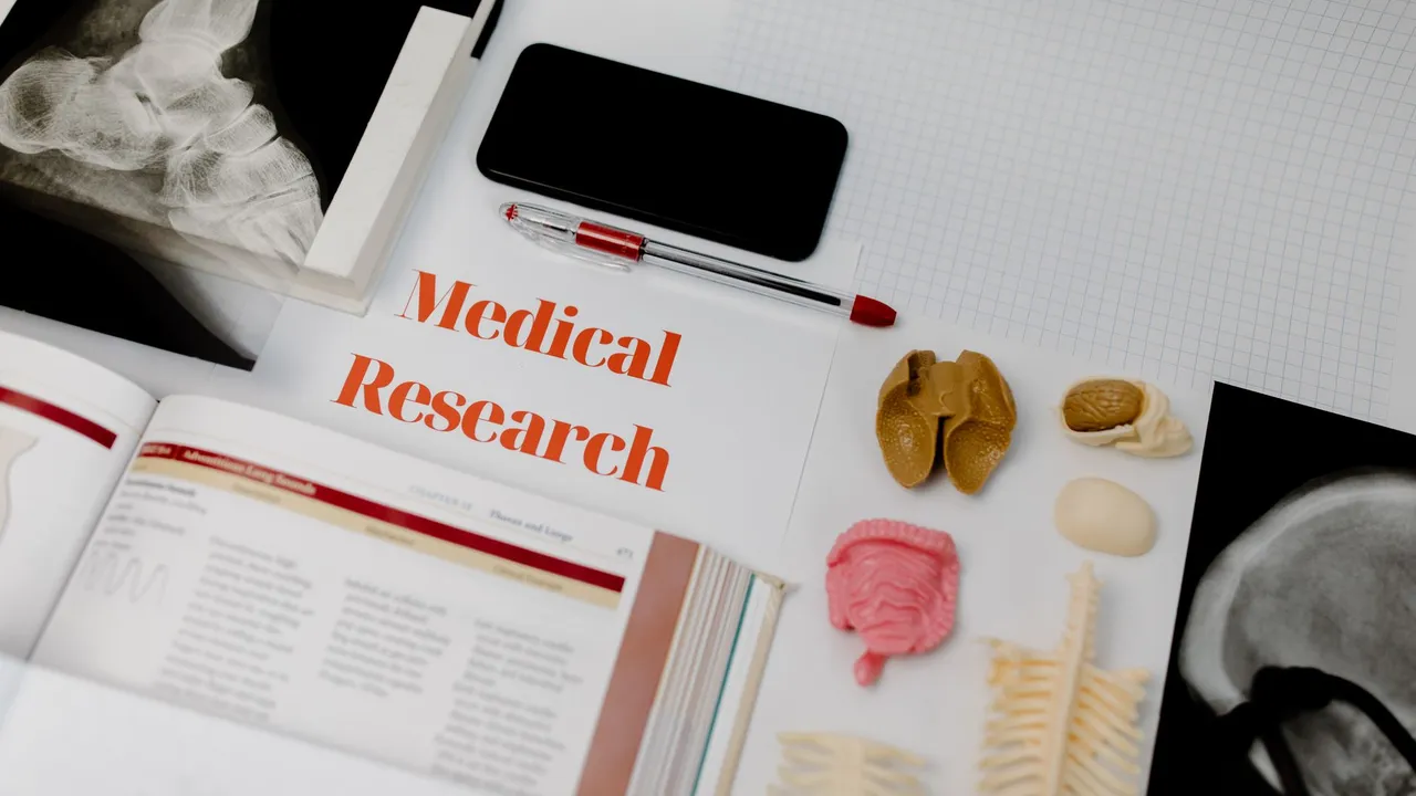 Medical research setup featuring anatomical models, x-rays, and a textbook, ideal for educational purposes.