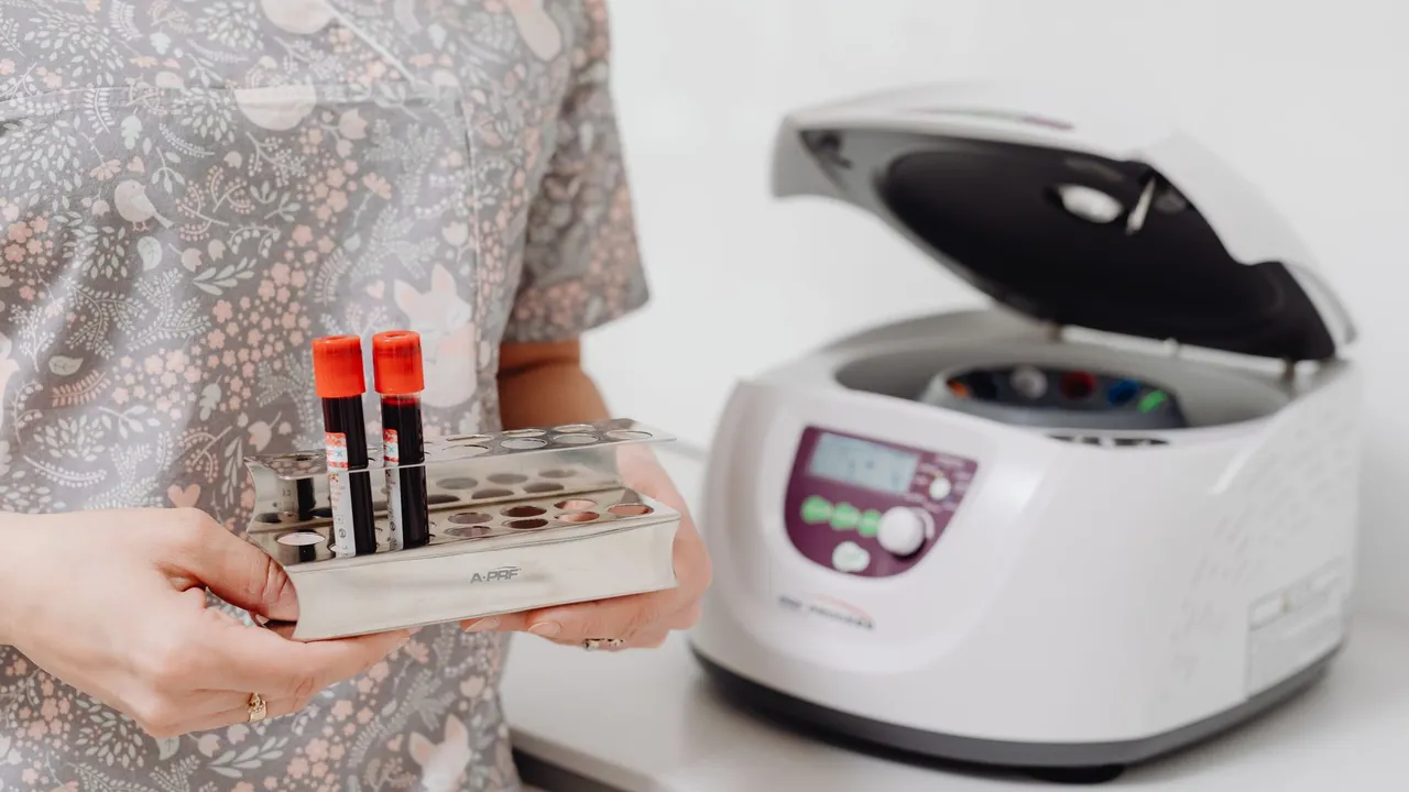 Healthcare professional holding blood vials next to a laboratory centrifuge, indoors.