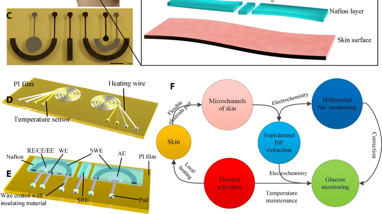 (A) Photo of the real application of the proposed device. (B) Detailed structure of the integrated epidermal biomicrofluidic device. (C) Photo of the fabricated