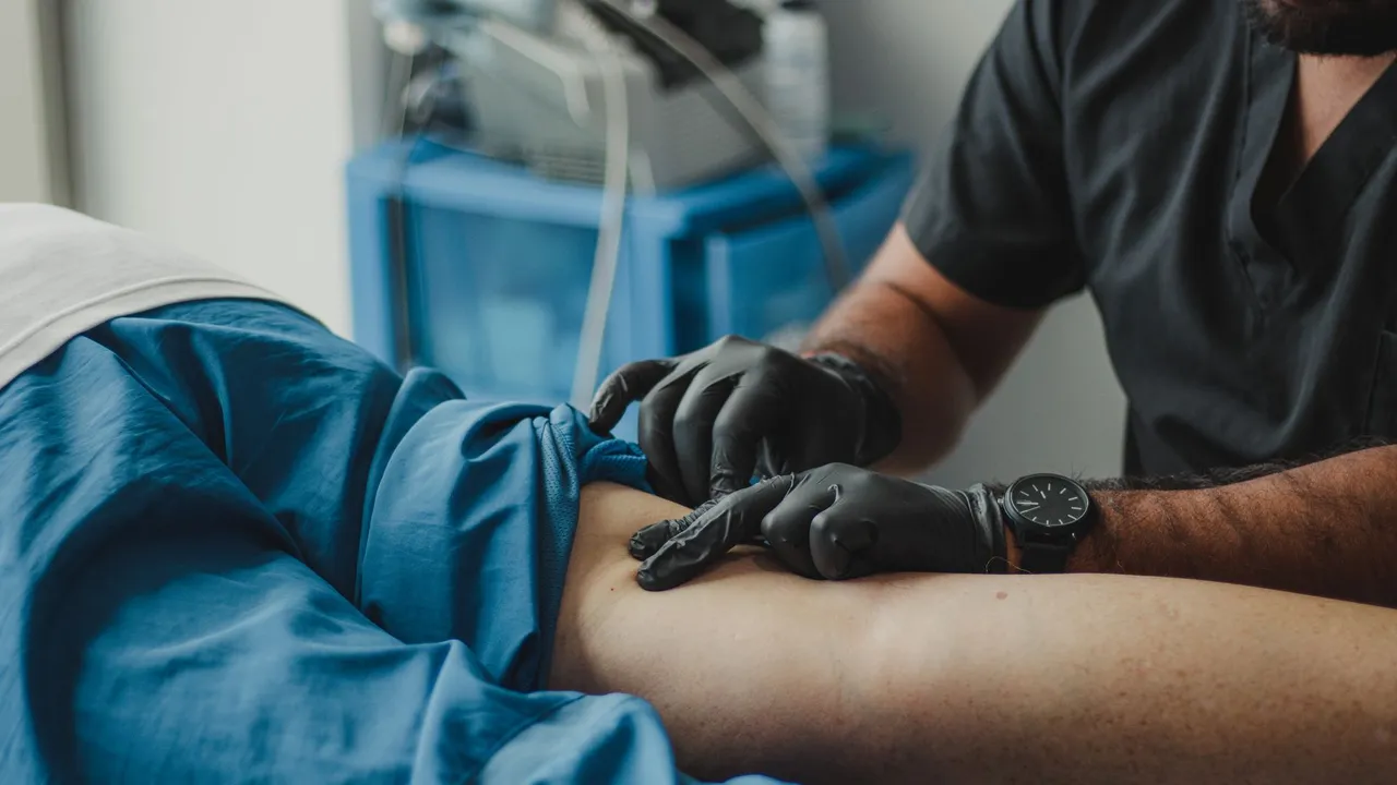 A healthcare professional in gloves provides treatment to a patient in a medical setting.