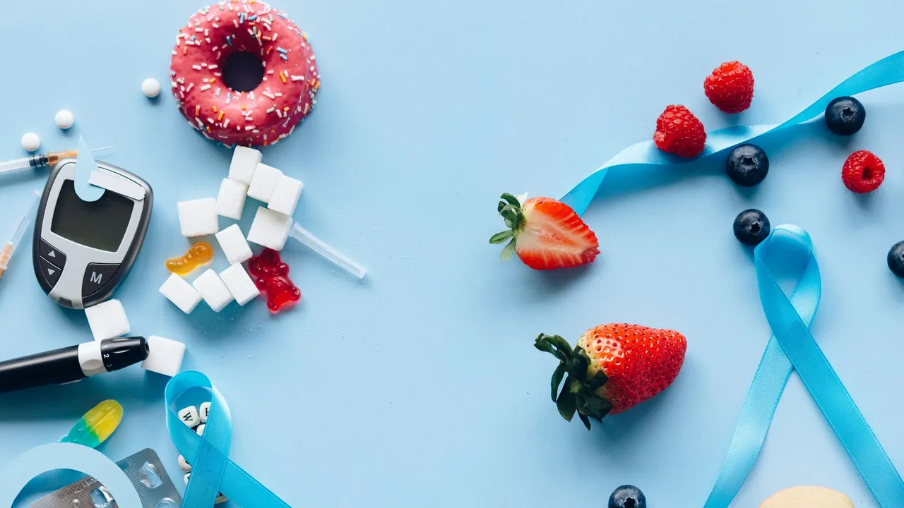 Diabetes awareness theme with fruits, sugar cubes, and glucose meter on blue background.