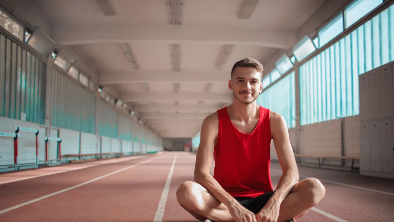 A happy male athlete in a red shirt sitting on an indoor track, relaxing after exercise.