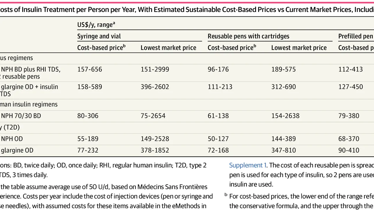 Costs of Insulin Treatment per Person per Year, With Estimated Sustainable Cost-Based Prices vs Current Market Prices, Including Cost of Injection Devices