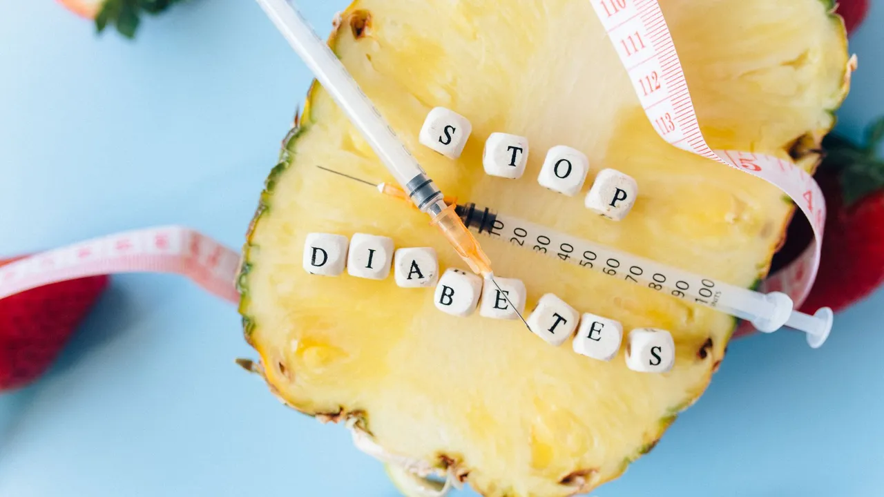 Flat lay of pineapple, syringe, and message promoting anti-diabetes awareness.