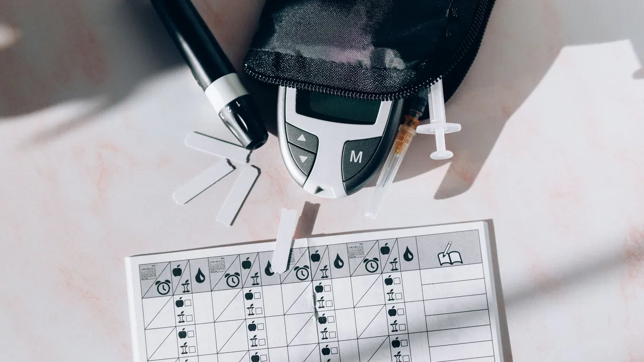 Image of a diabetes management kit including a glucometer, syringes, and monitoring chart.