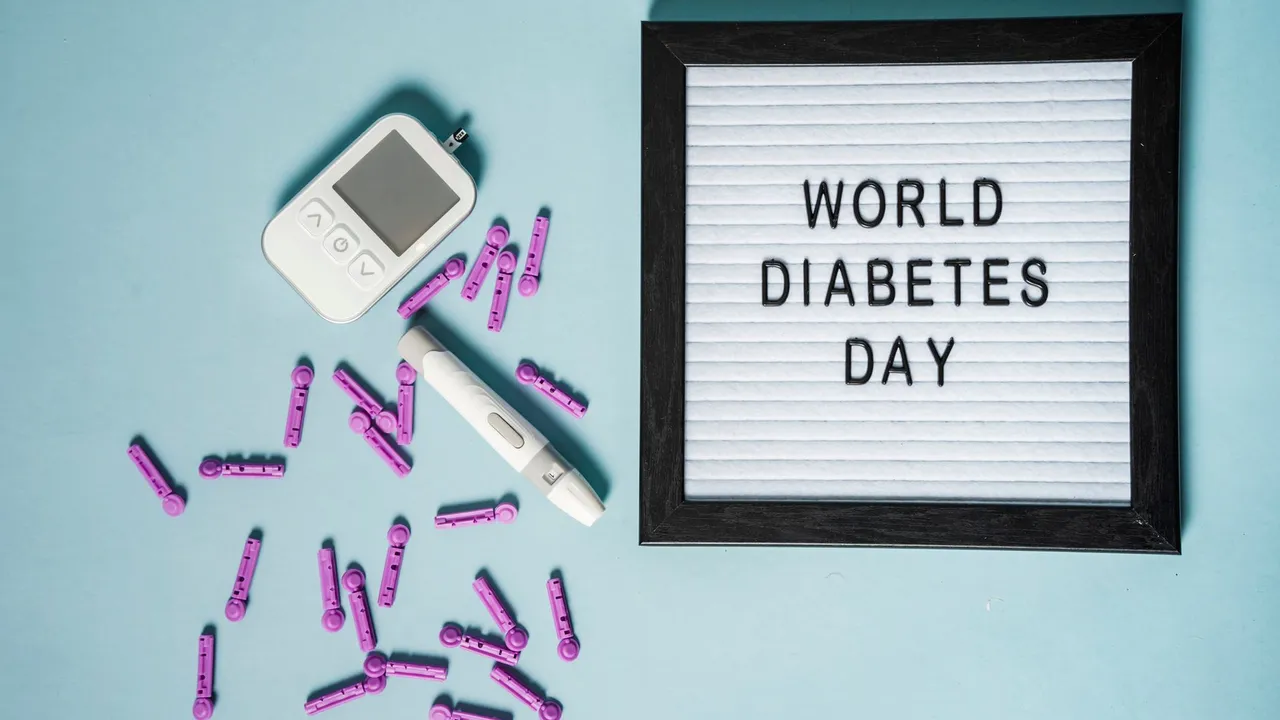 Top view of lancets for blood glucose meter placed near glucometer and letter board with World Diabetes Day inscription