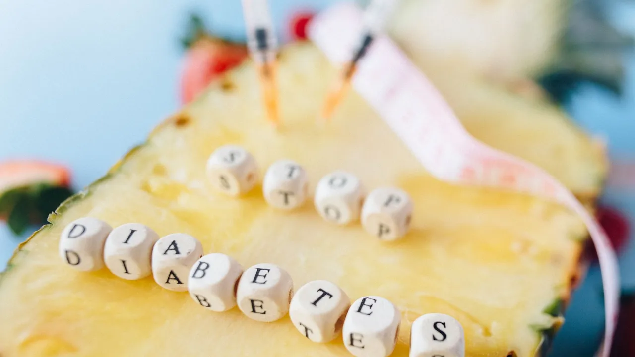 Symbolic image of diabetes prevention message with pineapple and insulin syringes.