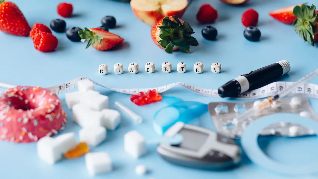 Conceptual image highlighting diabetes with healthy fruits and medical tools on a blue background.