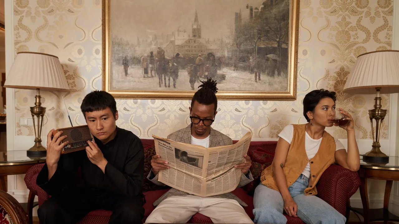 Three adults reading and relaxing on a couch in a stylish living room with classic decor.